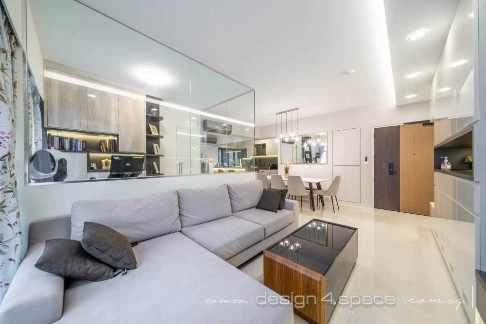 Contemporary Living Room with Bookshelf and Open Kitchen