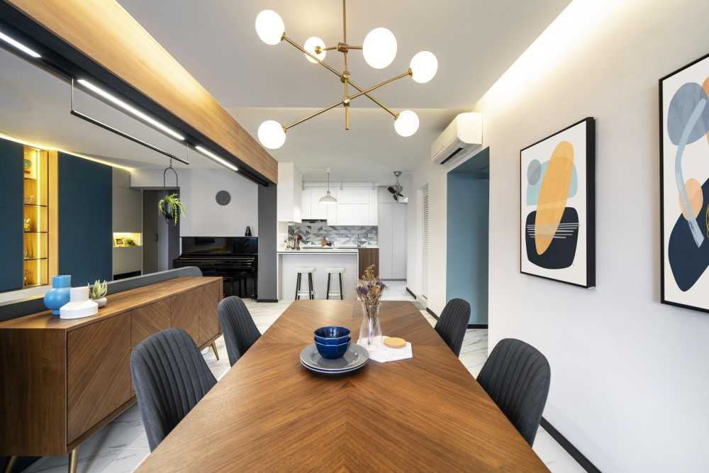 Minimalist Dining Room with Chandelier and Dining Table