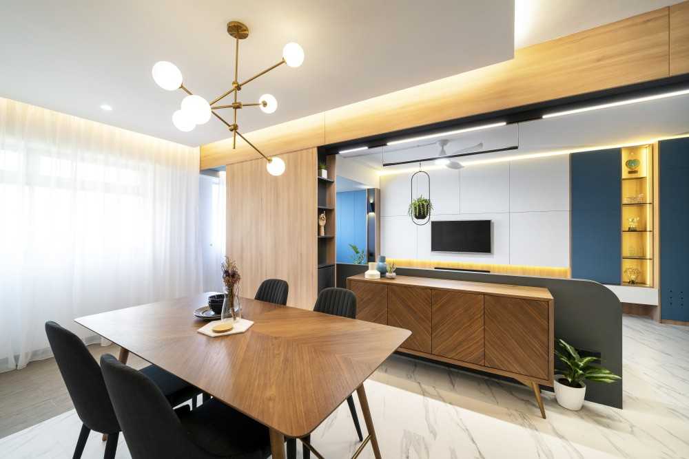 Minimalist Dining Room with Chandelier and Dining Table