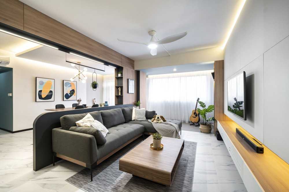 Minimalist Living Room with TV Console and Ceiling Light