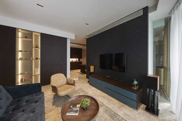 Scandinavian Living Room with Marble Floor and TV Console