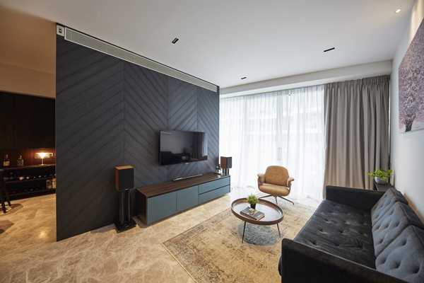 Scandinavian Living Room with Marble Floor and TV Console