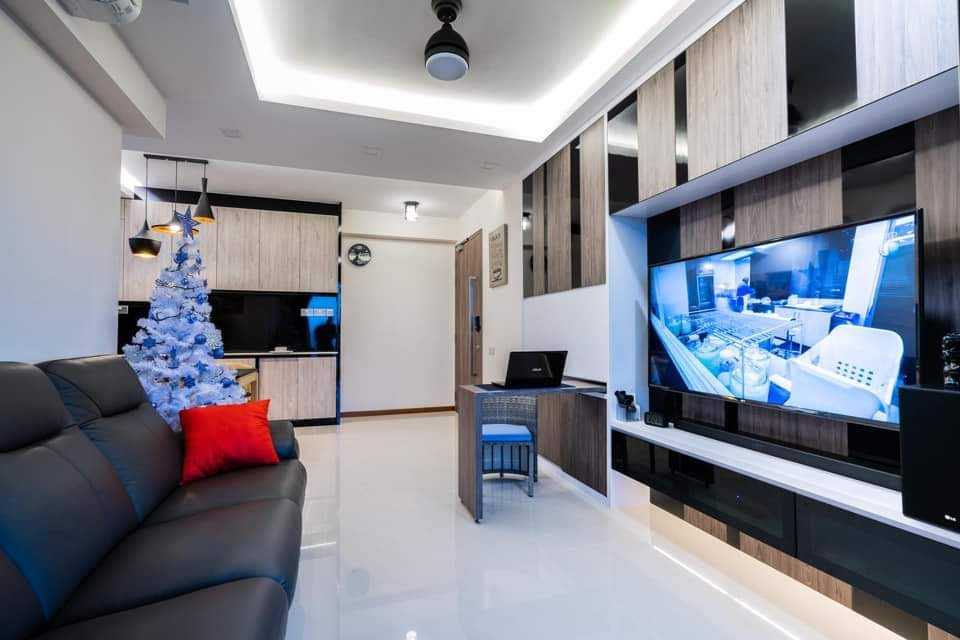 Contemporary Living Room with Homogeneous Tiles and TV Console