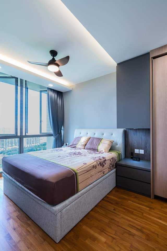 Contemporary Bedroom with Parquet Floor and Cove Lighting