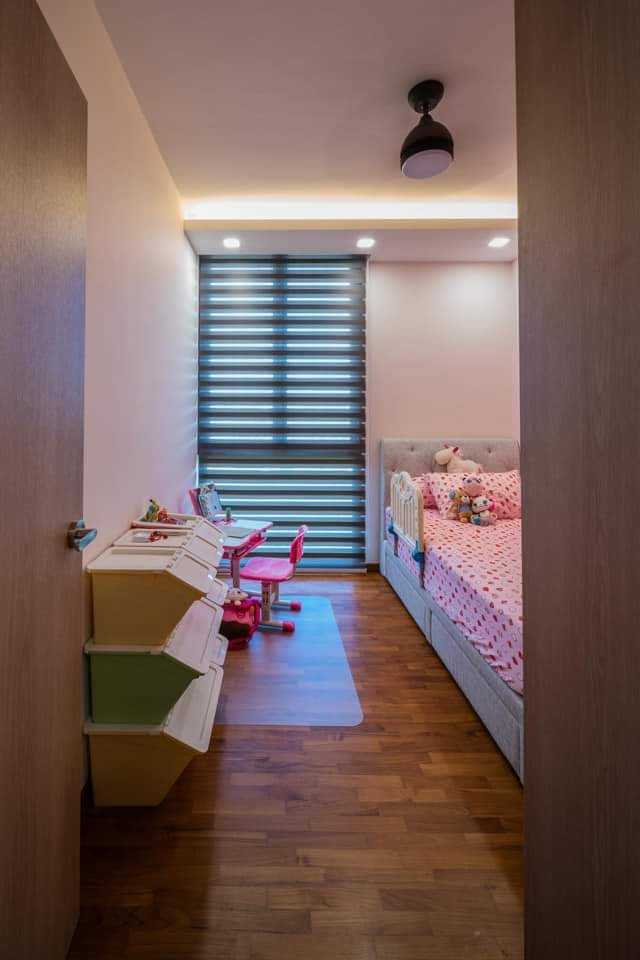 Contemporary Bedroom with Parquet Floor and Cove Lighting