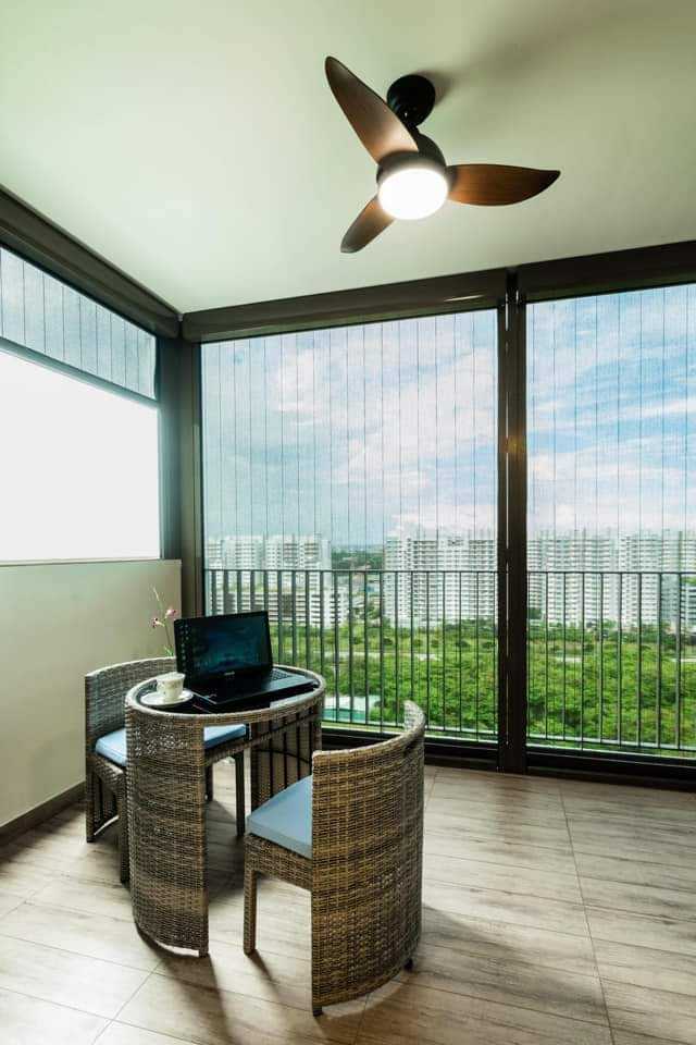 Contemporary Balcony with Window Grille and Outdoor Table