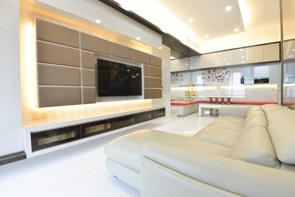 Modern Living Room with Homogeneous Tiles and TV Console