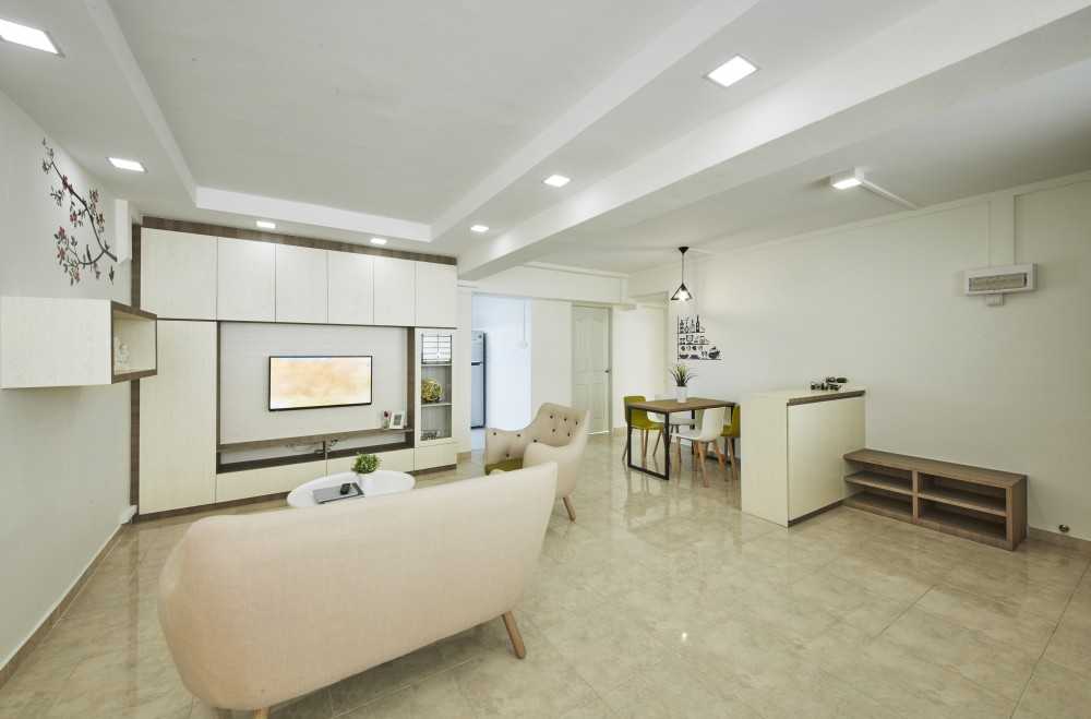 Scandinavian Living Room with Homogeneous Tiles and Ceiling Light