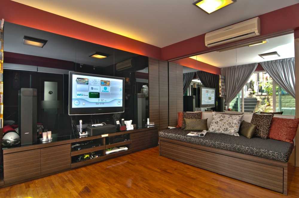 Asian Living Room with Vinyl Flooring and TV Console