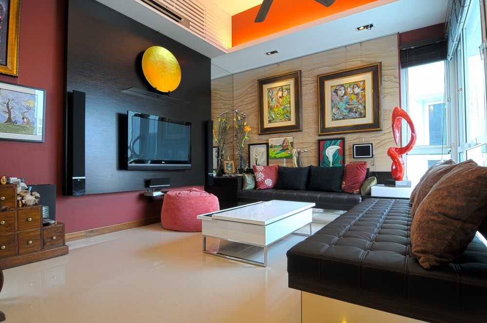 Asian Living Room with Homogeneous Tiles and TV Console
