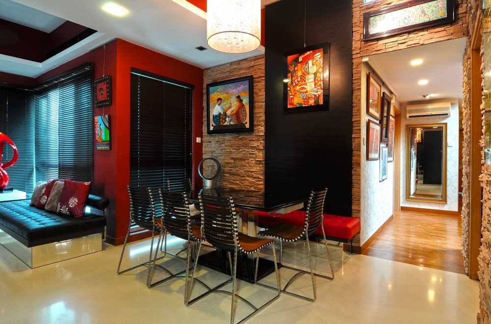 Asian Dining Room with Feature Wall and Drop Light