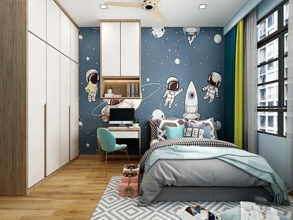 Modern Bedroom with Parquet Floor and Drop Light