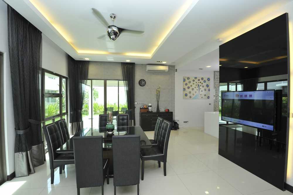 Modern Dining Room with TV Console and Curtain