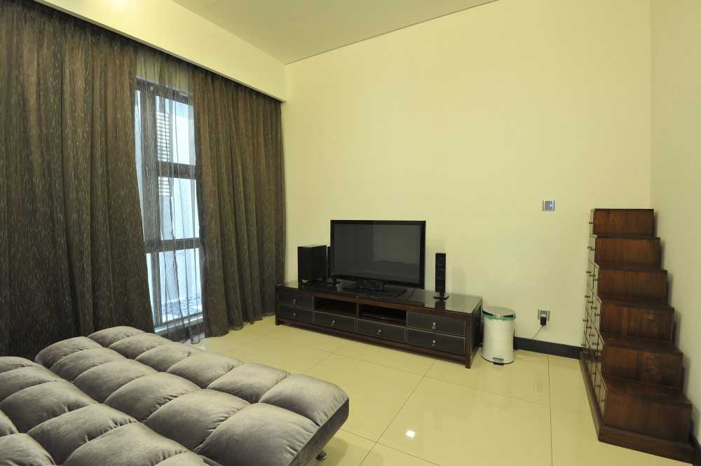 Modern Bedroom with TV Console and Curtain