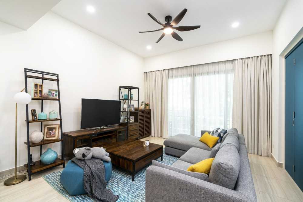 Modern Living Room with Bookshelf and Ceiling Light