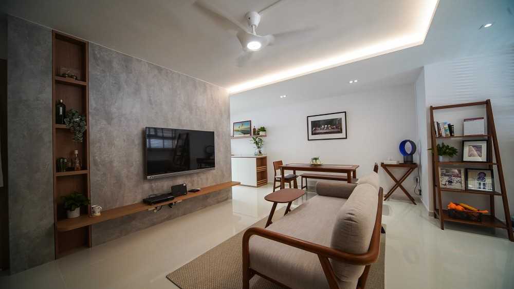 Contemporary Living Room with Homogeneous Tiles and Feature Wall