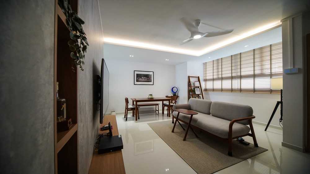 Contemporary Living Room with Homogeneous Tiles and TV Console