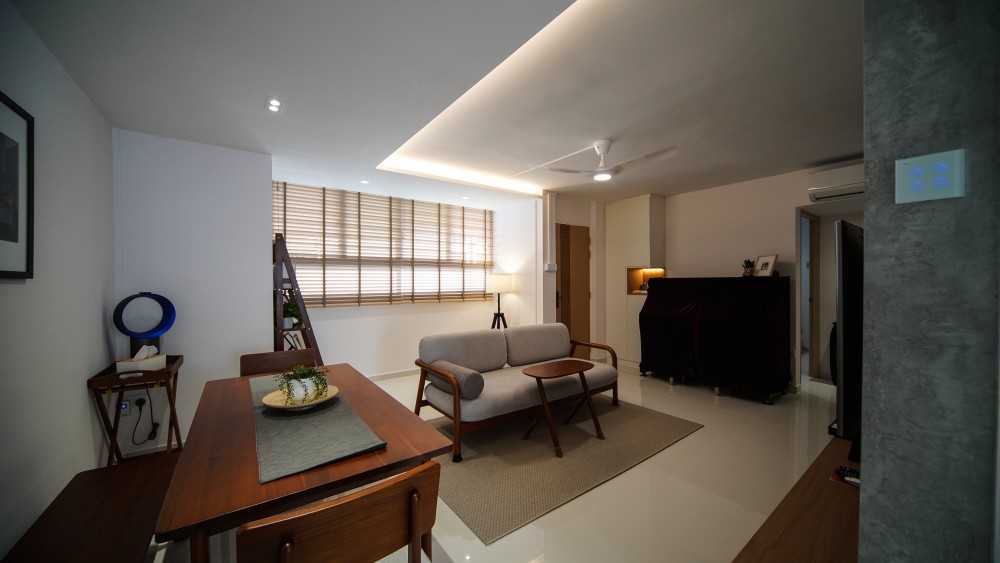 Contemporary Living Room with Homogeneous Tiles and Cove Lighting