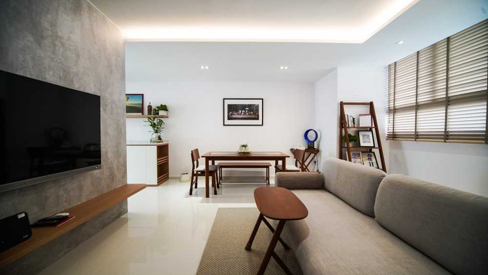 Contemporary Living Room with Homogeneous Tiles and TV Console