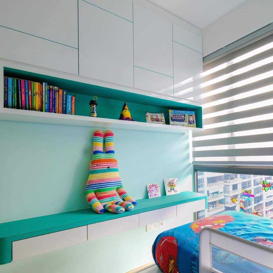 Modern Bedroom with Bookshelf and Parquet Floor
