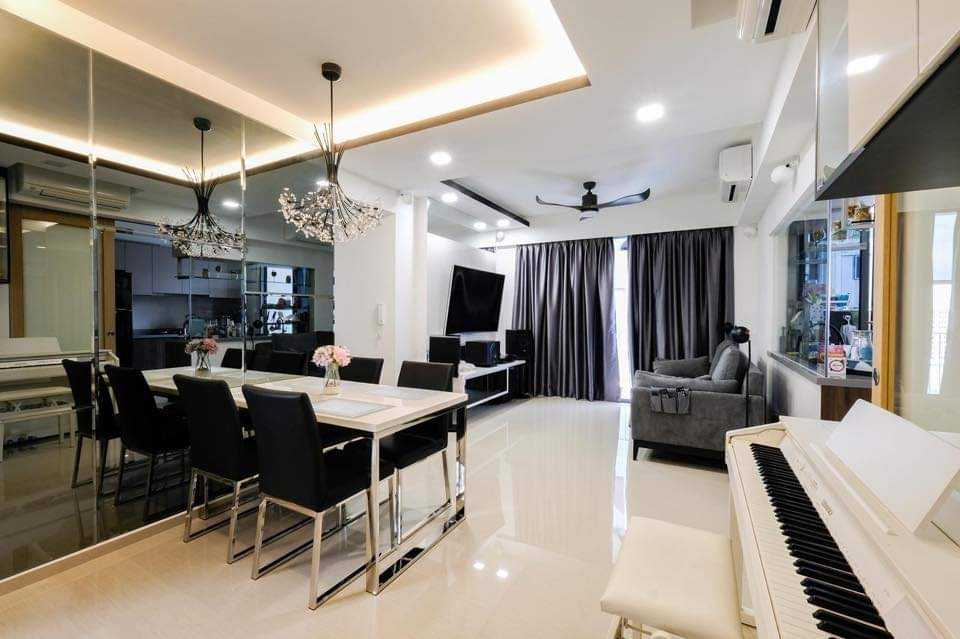 Modern Living Room with Homogeneous Tiles and TV Console