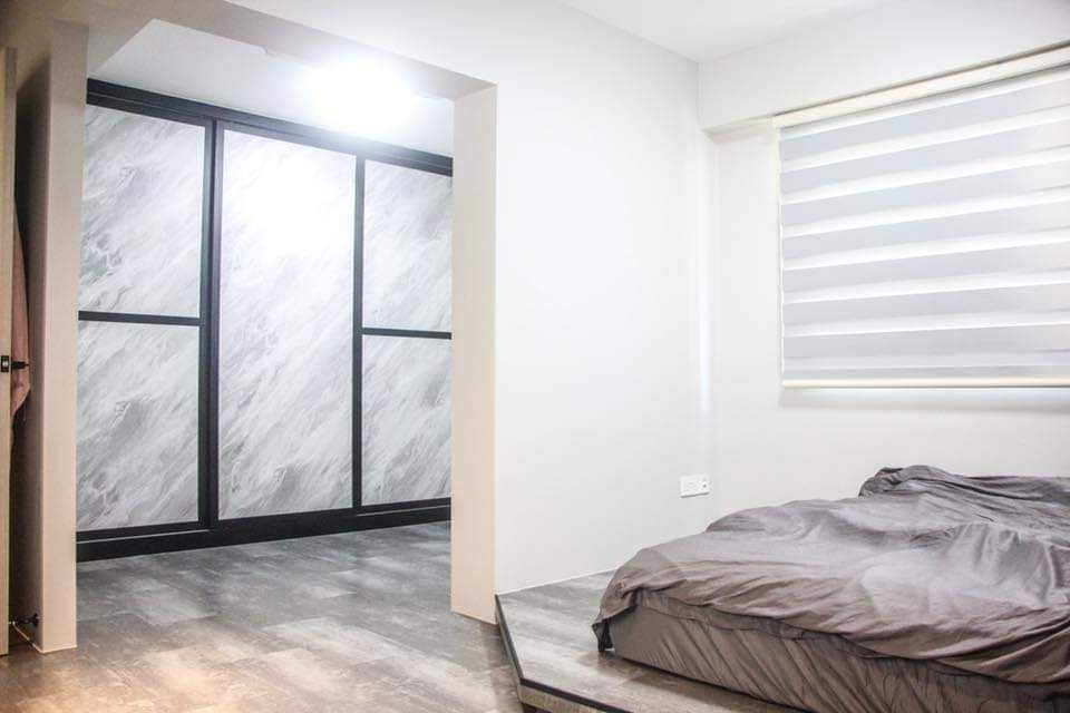 Industrial Bedroom with Vinyl Flooring and Wardrobe
