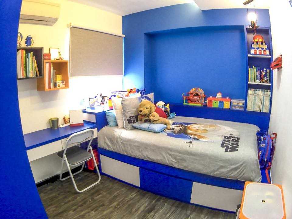 Modern Bedroom with Bookshelf and Platform Bed
