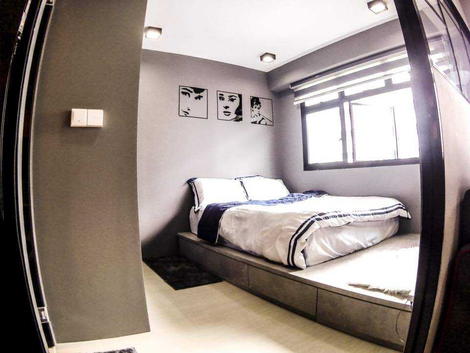 Industrial Bedroom with Platform Bed and Vinyl Flooring