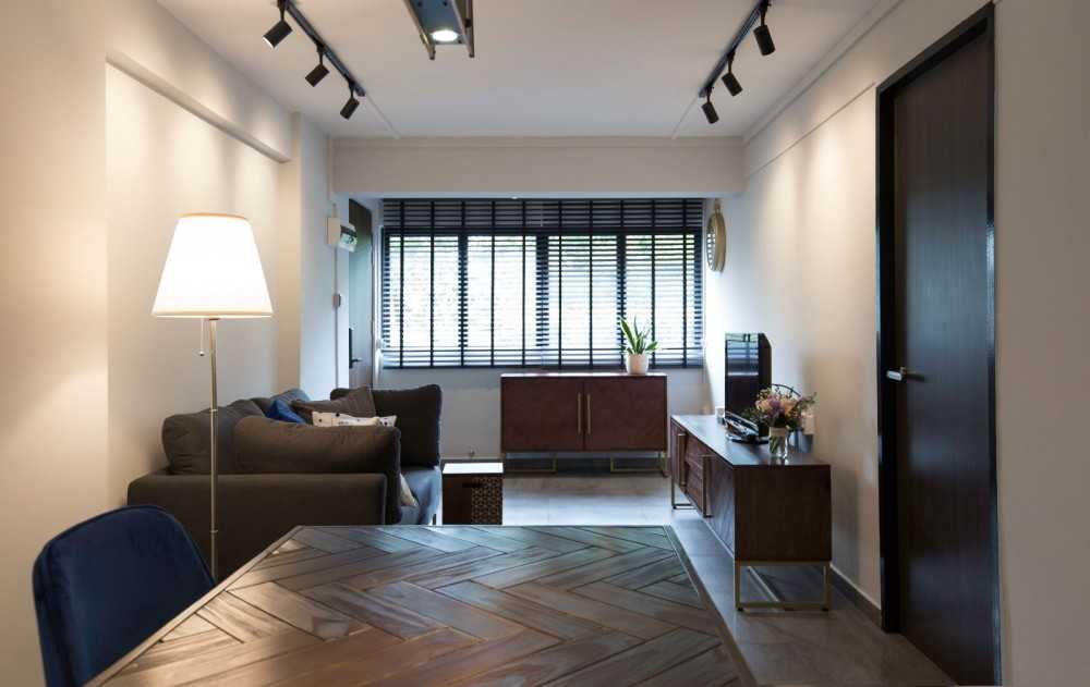 Contemporary Living Room with Homogeneous Tiles and TV Console