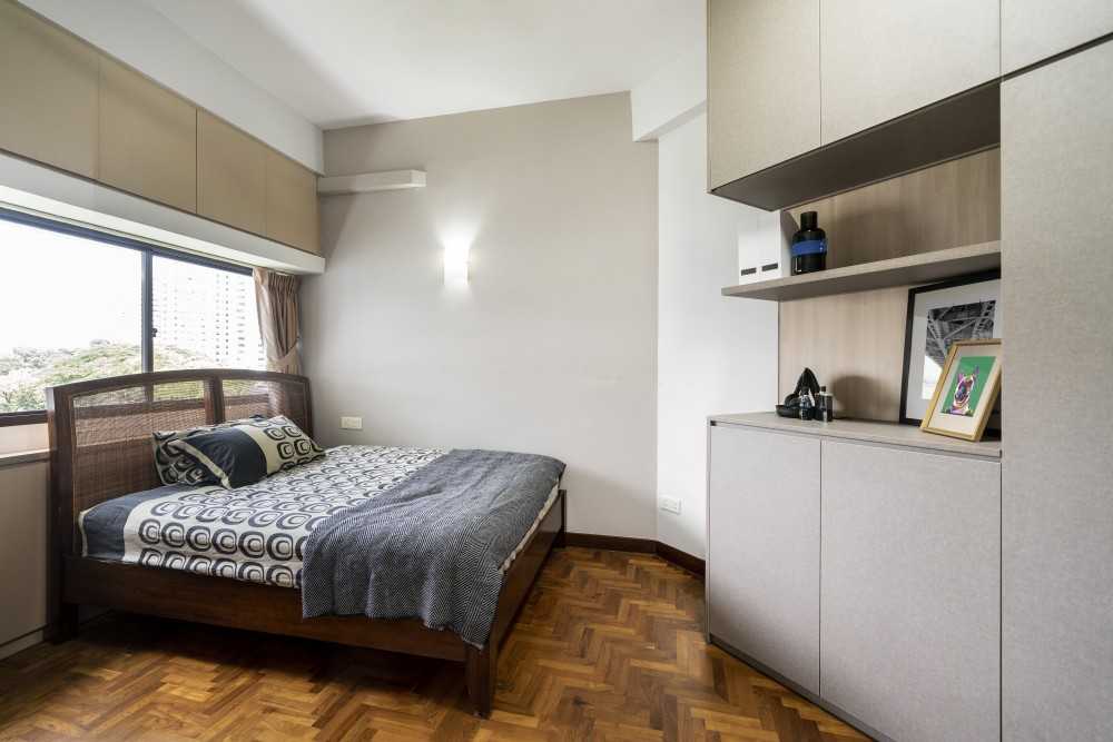 Minimalist Bedroom with Parquet Floor and Wood Flooring