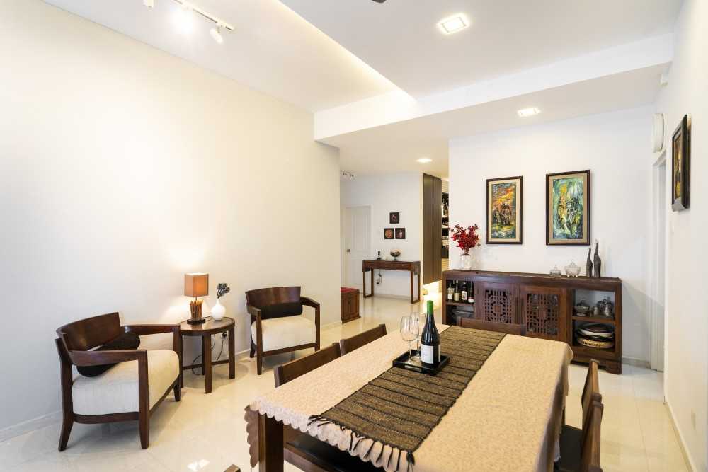 Minimalist Dining Room with Paintings and Display Cabinets