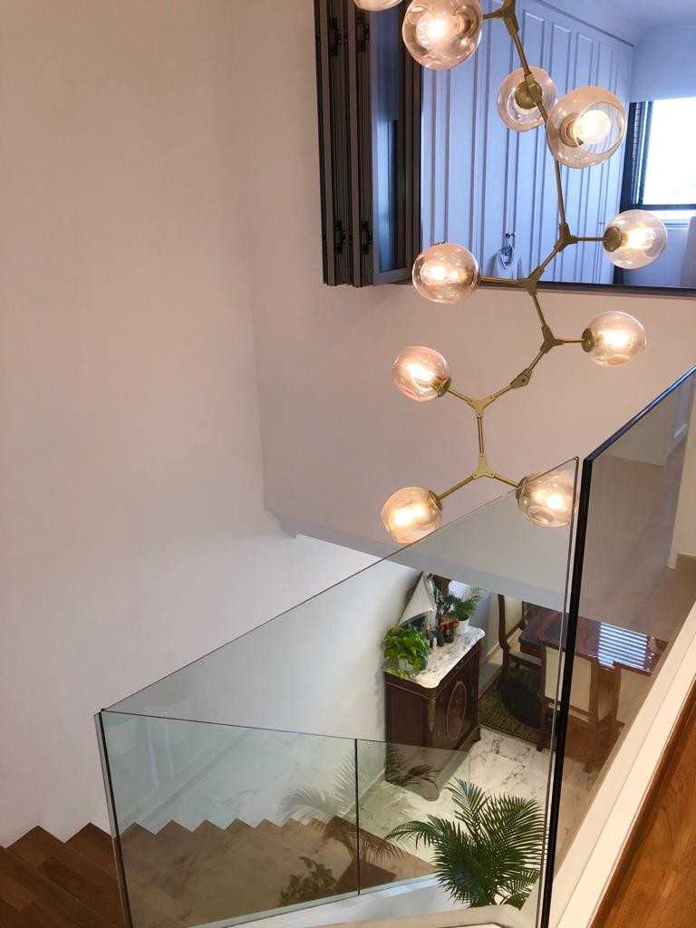 Transitional Bedroom with Drop Light and Bay Window