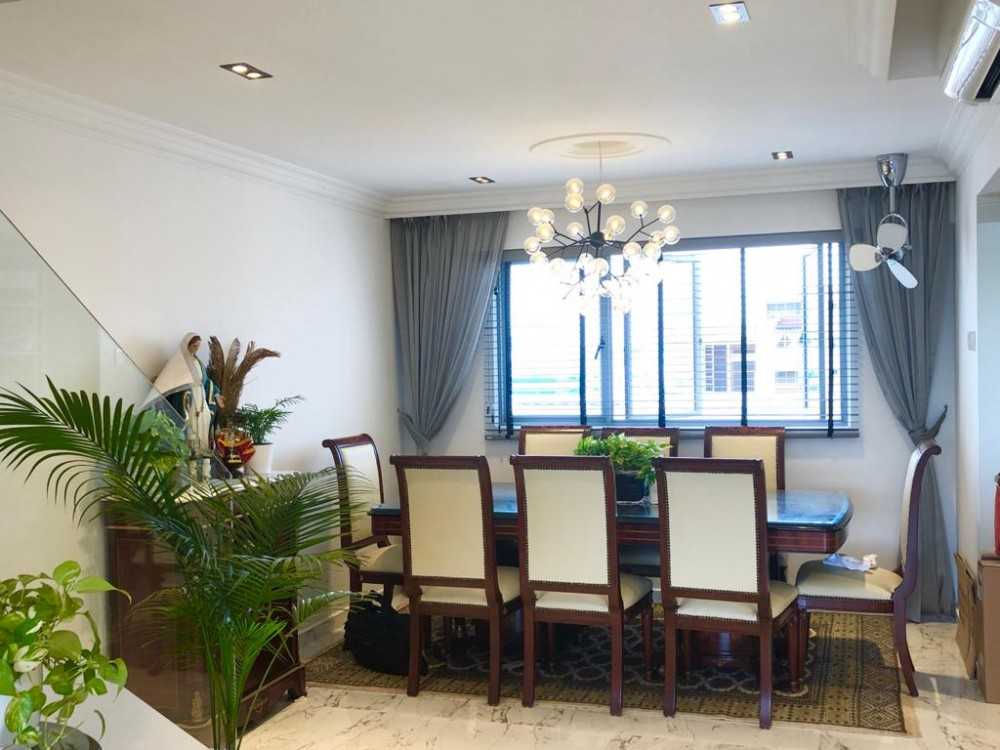 Transitional Dining Room with Ceiling Light and Downlights