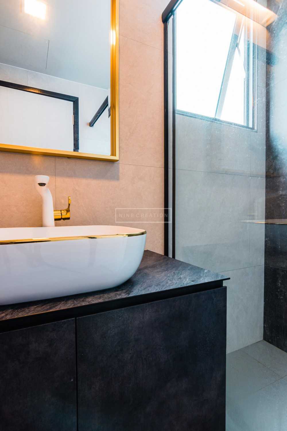Industrial Bathroom with Countertop and Mirror