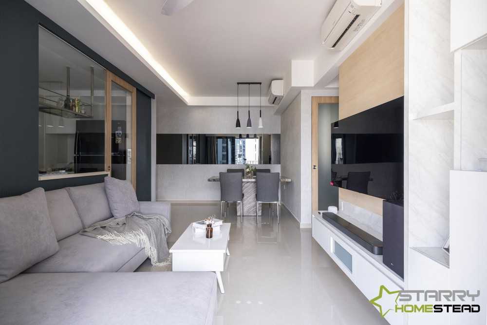 Scandinavian Living Room with TV Console and Feature Wall