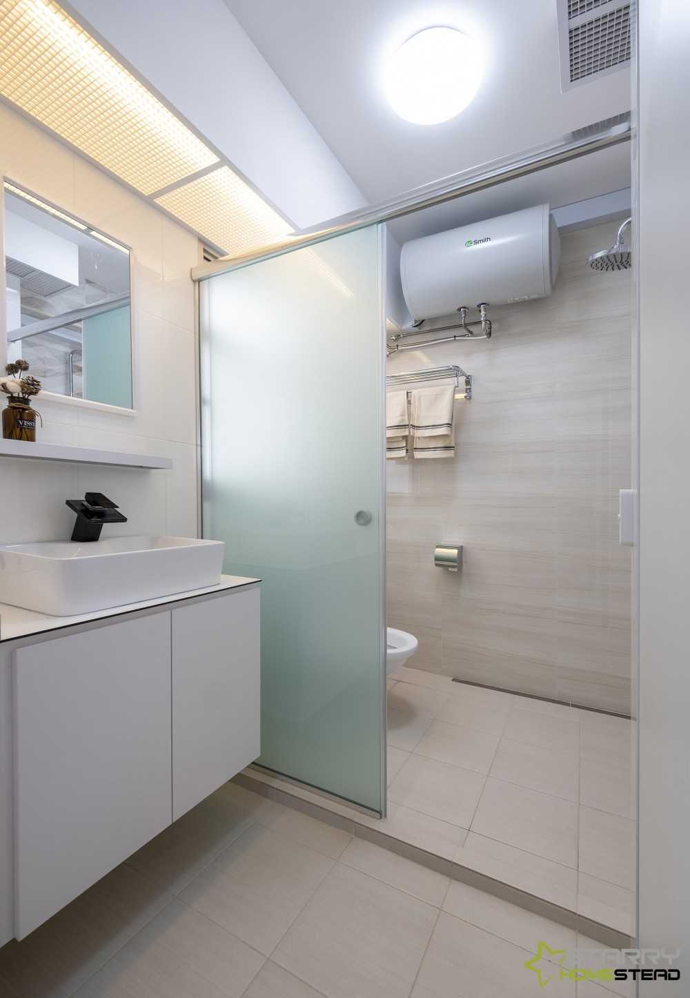 Scandinavian Bathroom with Showers and Wash Basins