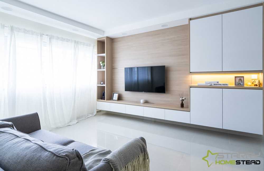 Scandinavian Living Room with TV Console and Feature Wall