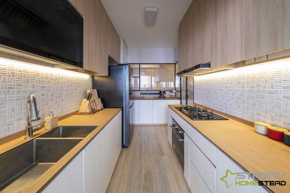 Scandinavian Kitchen with Kitchen Cabinets and Refrigerator