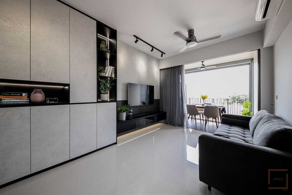 Contemporary Living Room with Herringbone Tiling and TV Console