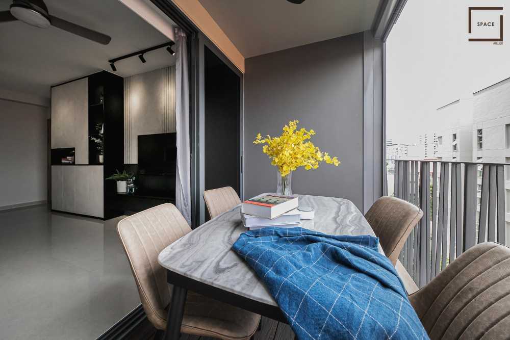 Contemporary Balcony with Curtain and Outdoor Chairs