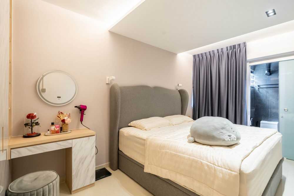 Scandinavian Bedroom with Homogeneous Tiles and Cove Lighting