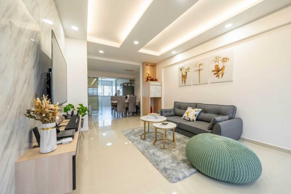 Scandinavian Living Room with TV Console and Feature Wall