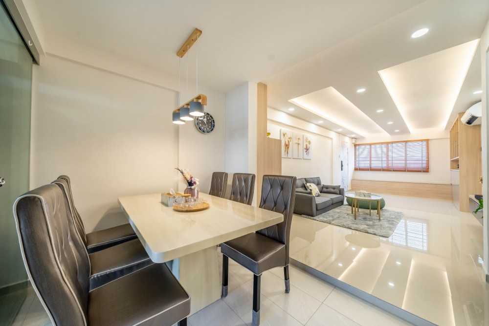 Scandinavian Dining Room with Drop Light and Dining Table
