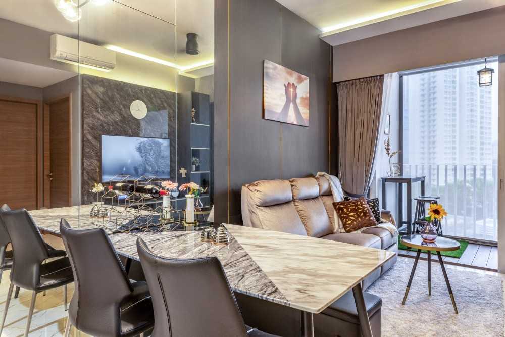 Modern Living Room with Marble Floor and Ceiling Light