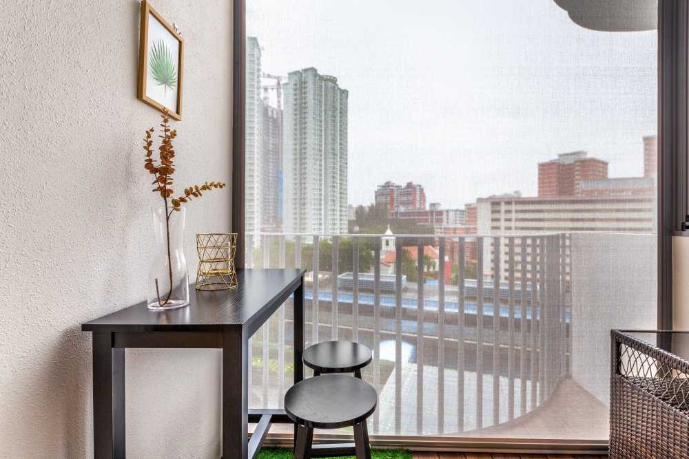 Modern Balcony with Window Seat and Window Shutters