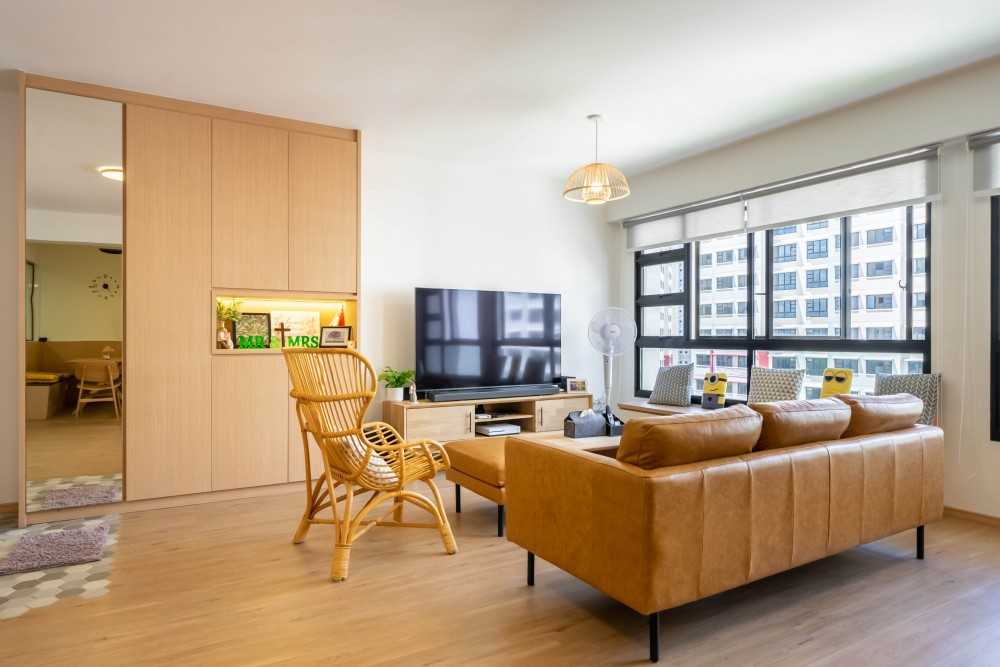 Scandinavian Living Room with Vinyl Flooring and TV Console