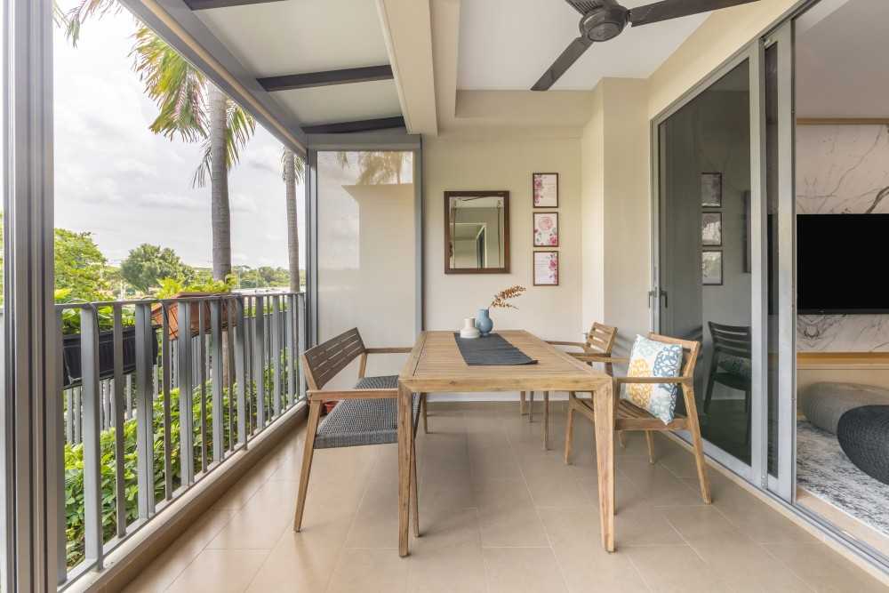 Modern Balcony with Bay Window and Window Seat
