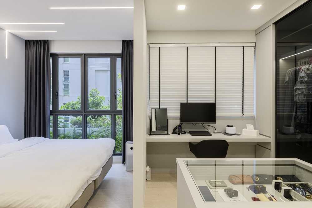 Modern Bedroom with Bookshelf and Vinyl Flooring