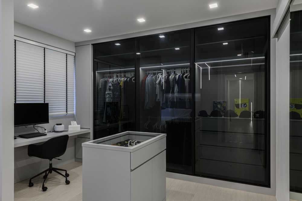 Modern Bedroom with Bookshelf and Vinyl Flooring