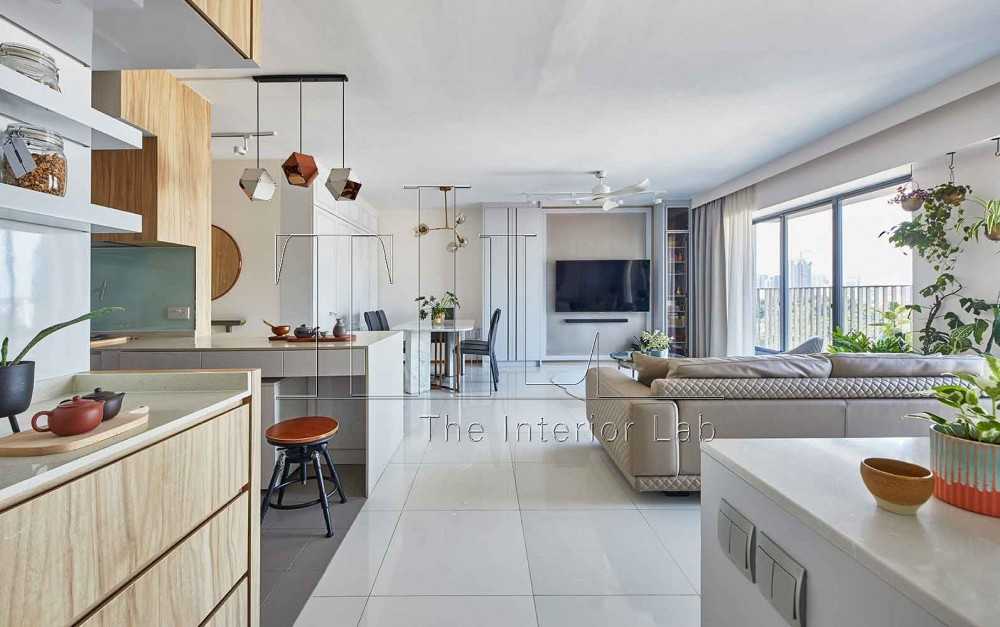 Contemporary Living Room with Countertop and Feature Wall